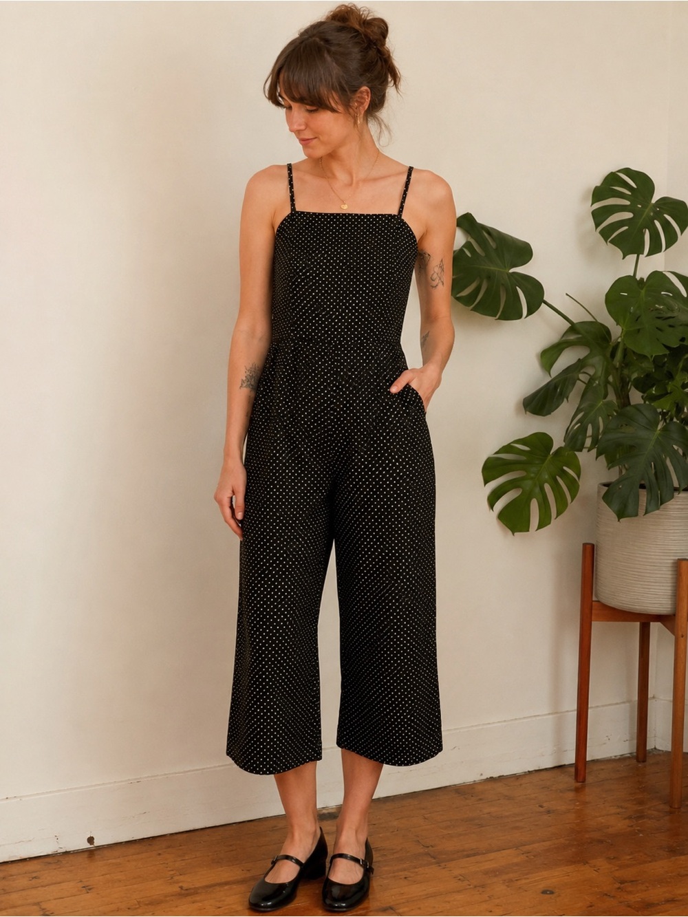 Vintage 90s Polka Dot Spaghetti Strap Jumpsuit Romper Cotton Made in Canada